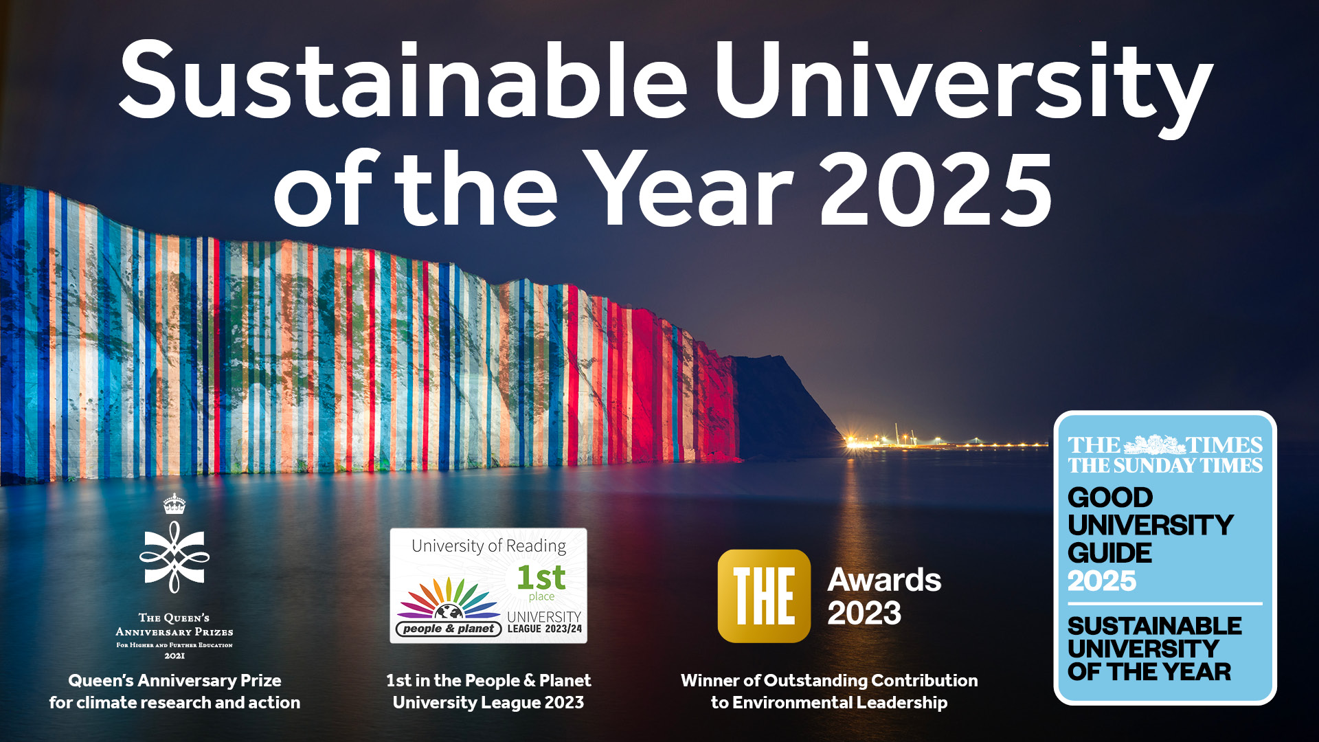Graphic showing the University of Reading being named Sustainable University of the Year in The Times and Sunday Times Good University Guide 2025