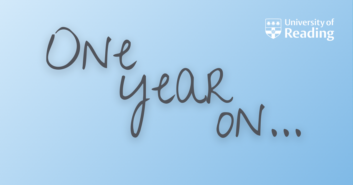 Words One Year On... on a light blue background