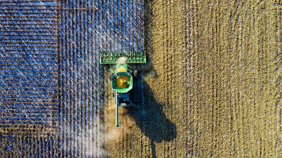 Ariel view of a tractor on a farm