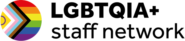 the LGBTQIA+ staff network logo which contains a the progress pride flag in a circle on the left and the text 'LGBTQIA+ staff network' on the right