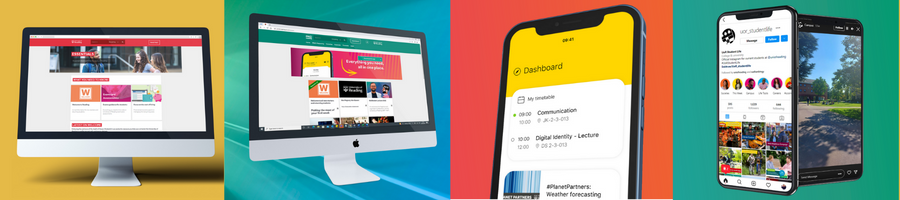 Graphic displaying devices: laptops, phones, computers with different channels on