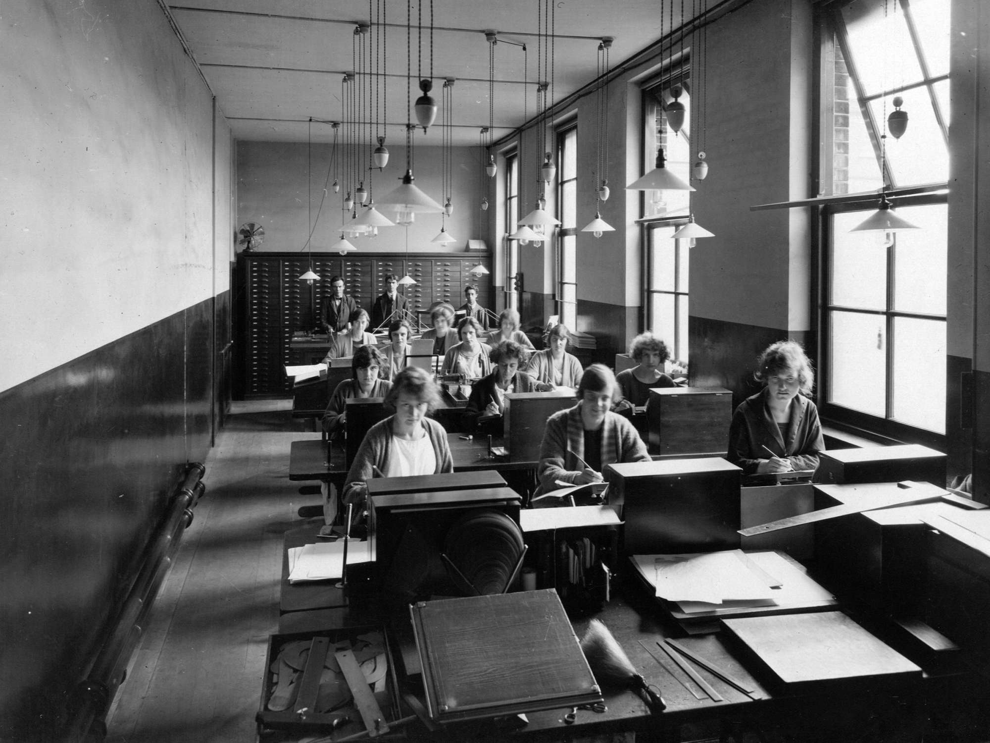 Women working in a typeface design office at Monotype in 1928