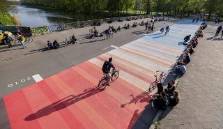The climate stripes painted onto the Sachsenbrücke bridge in Leipzig, Germany, after a crowdfunding campaign by climate groups