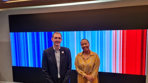 Professor Ed Hawkins (L) and Lucy Tammam (R) at the London Fashion Week launch of the Tammam x University of Reading eco-friendly range