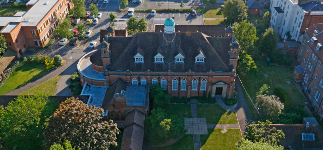 An aerial view of the Great Hall at the London Road campus.
