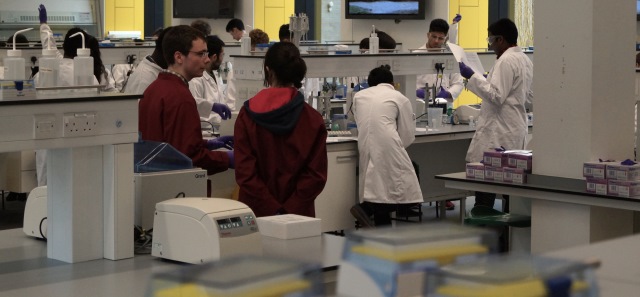 Students in a 药店 laboratory.